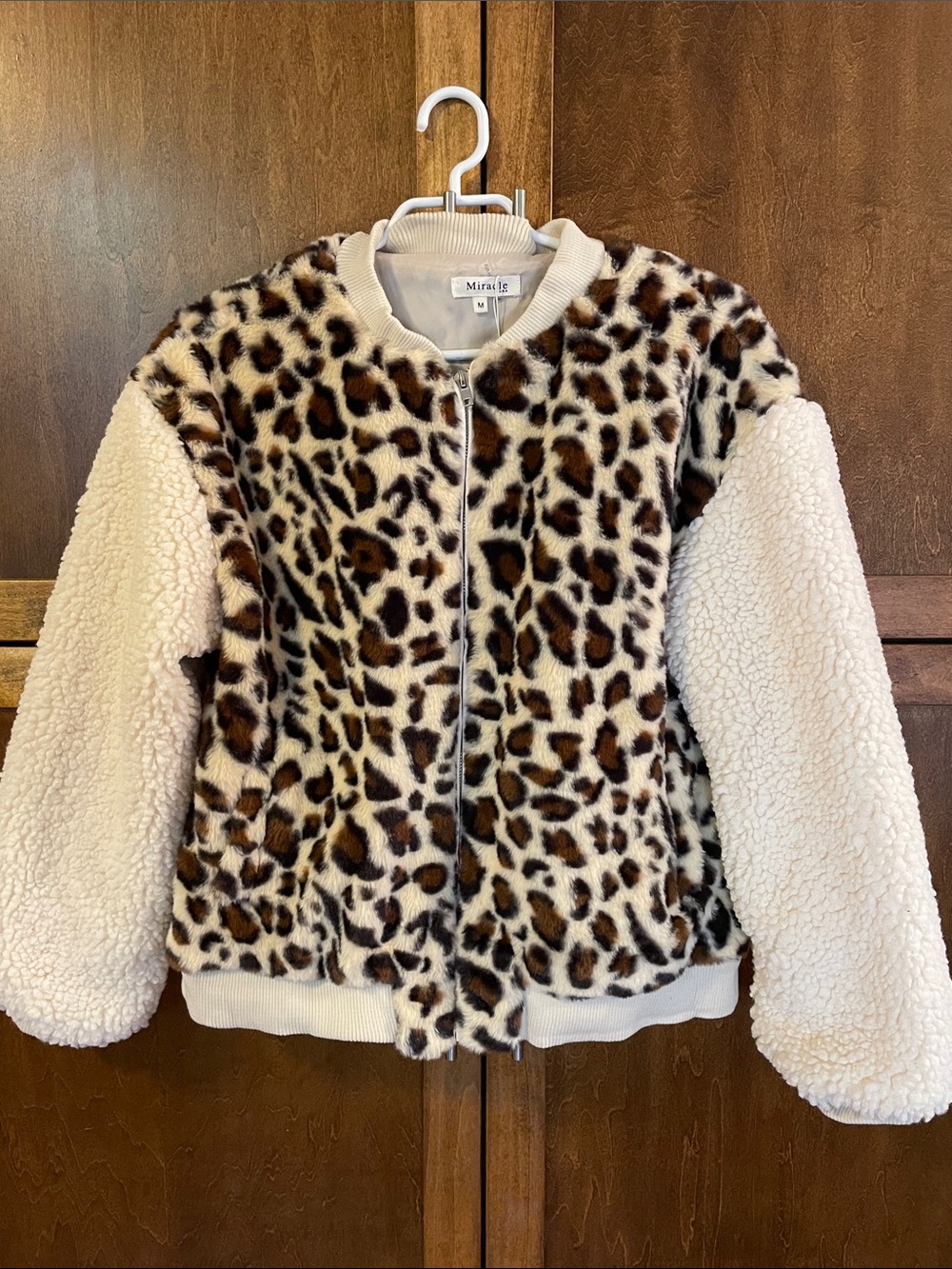 Miracle Leopard Print Faux Fur Bomber Jacket with Cream Sherpa Sleeves